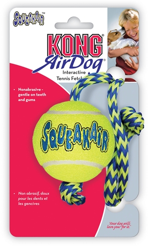 Kong air squeaker ball met touw geel/blauw